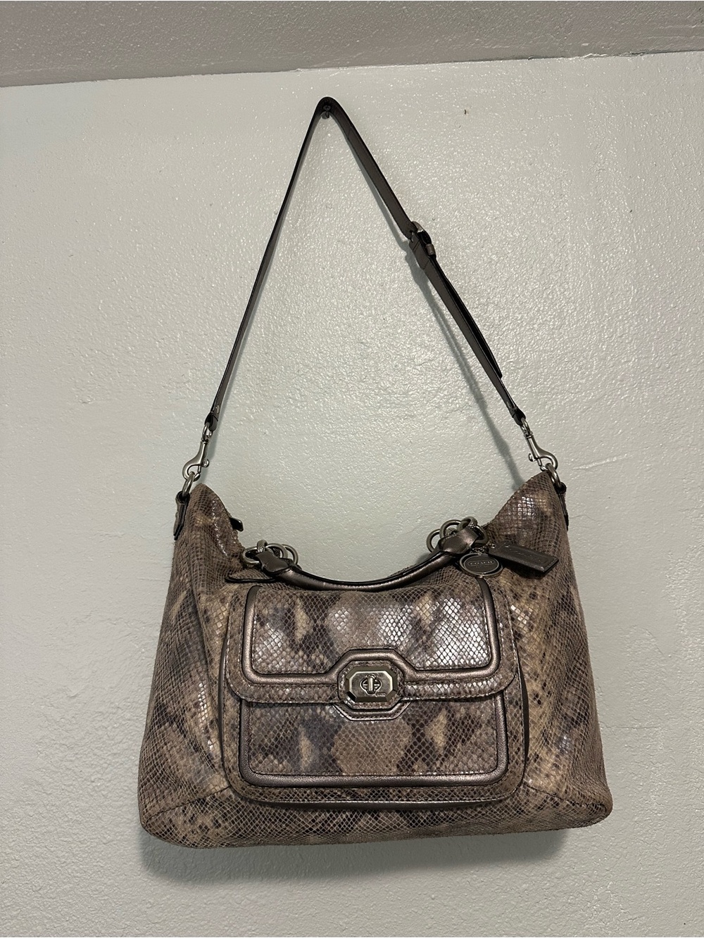 Coach Campbell Snakeskin Embossed Leather Larger Satchel with Top Handles - Picture 2 of 16
